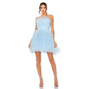 MAC DUGGAL 20529 Powder Blue Strapless Feathers Short Tulle Dress NWT sz 6